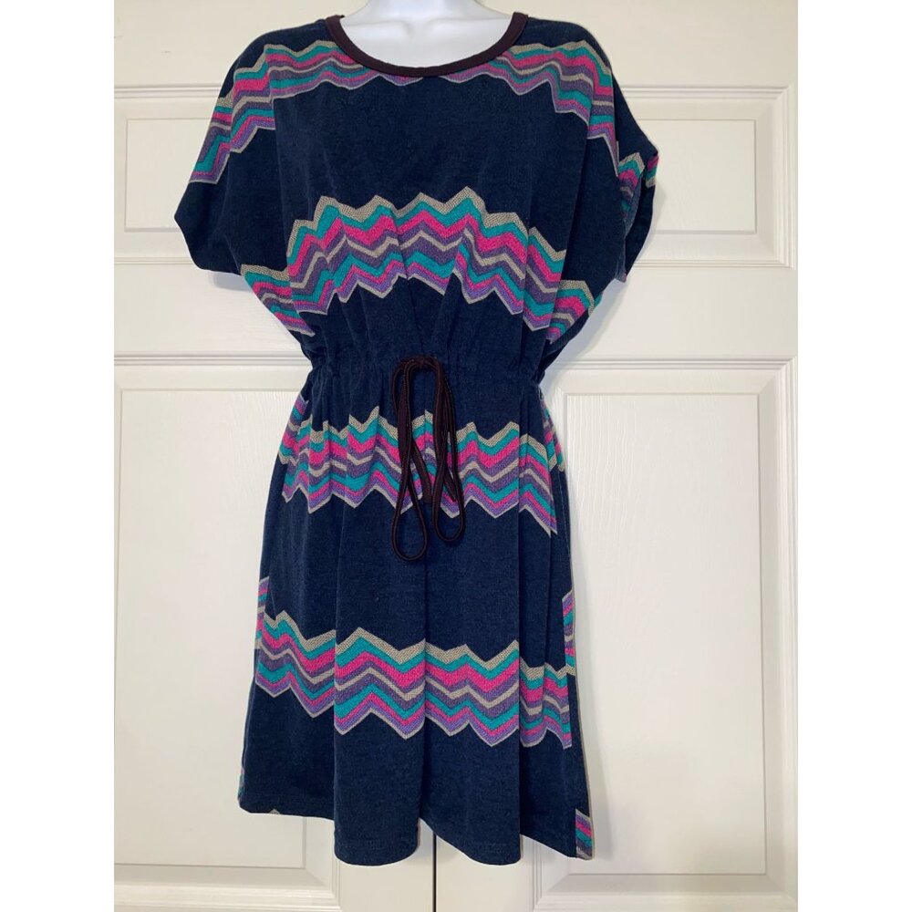 Vintage Chevron Patterned Drawstring Dress With Batwing Sleeves